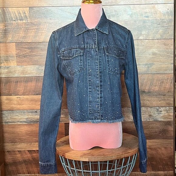 FENDI Vintage Crystal Embellished Cotton Denim Cropped Blue Jean Jacket, Size 28 - Picture 1 of 16